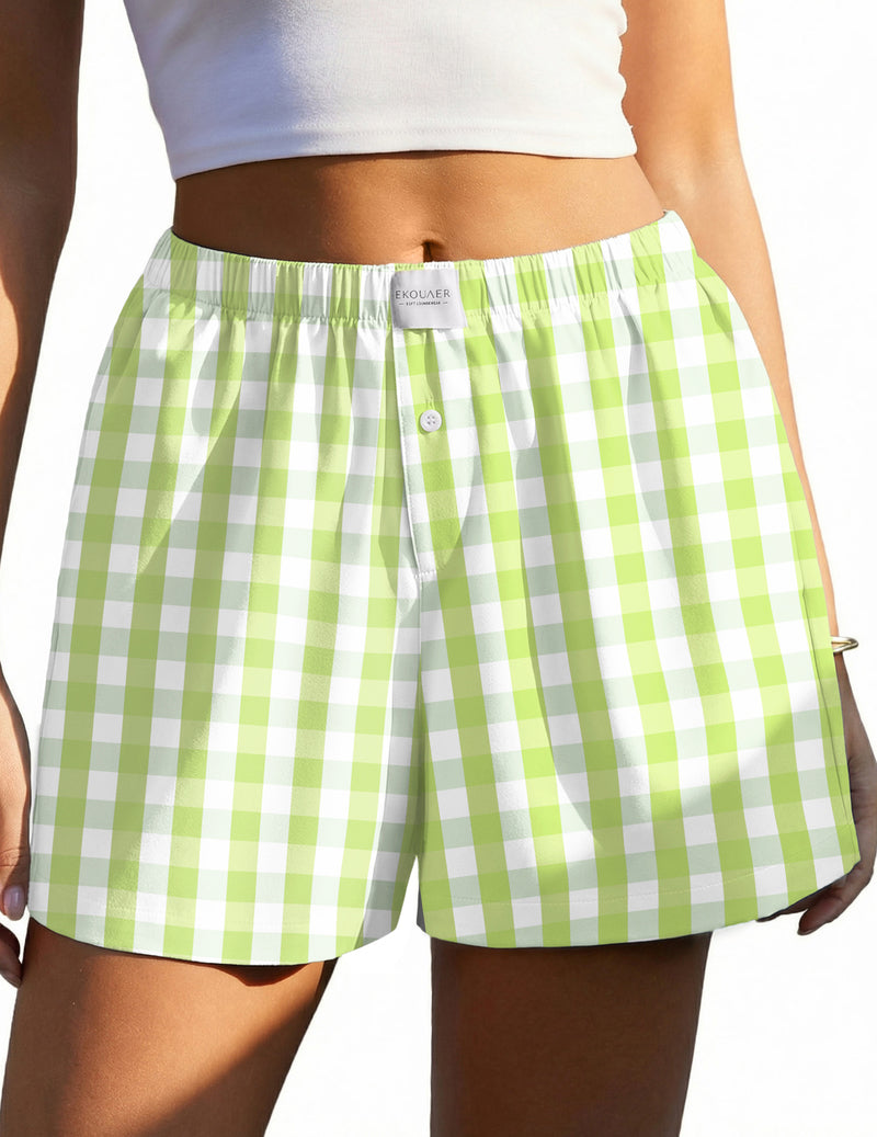 Ekouaer gingham boxer sleep shorts, light green and white check, elastic waist