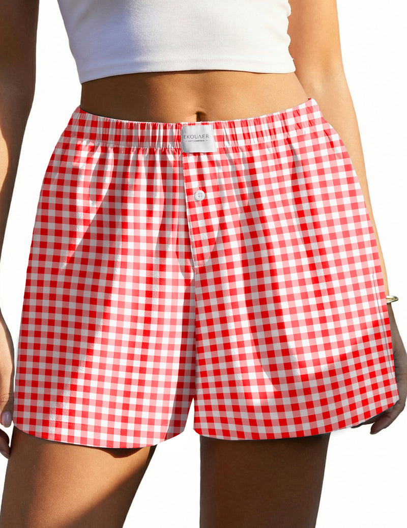 Ekouaer gingham boxer sleep shorts, red and white check, elastic waist, button detail