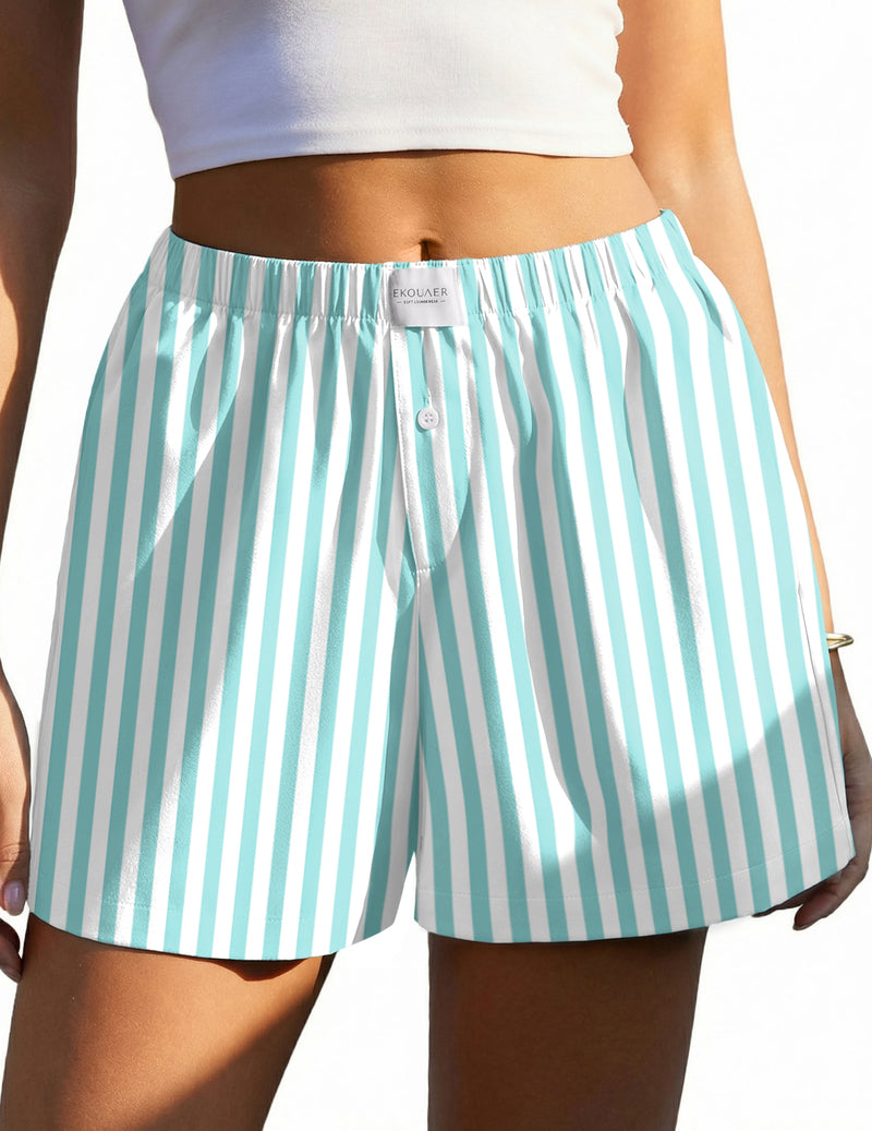 Ekouaer boxer sleep shorts in mint green and white striped pattern