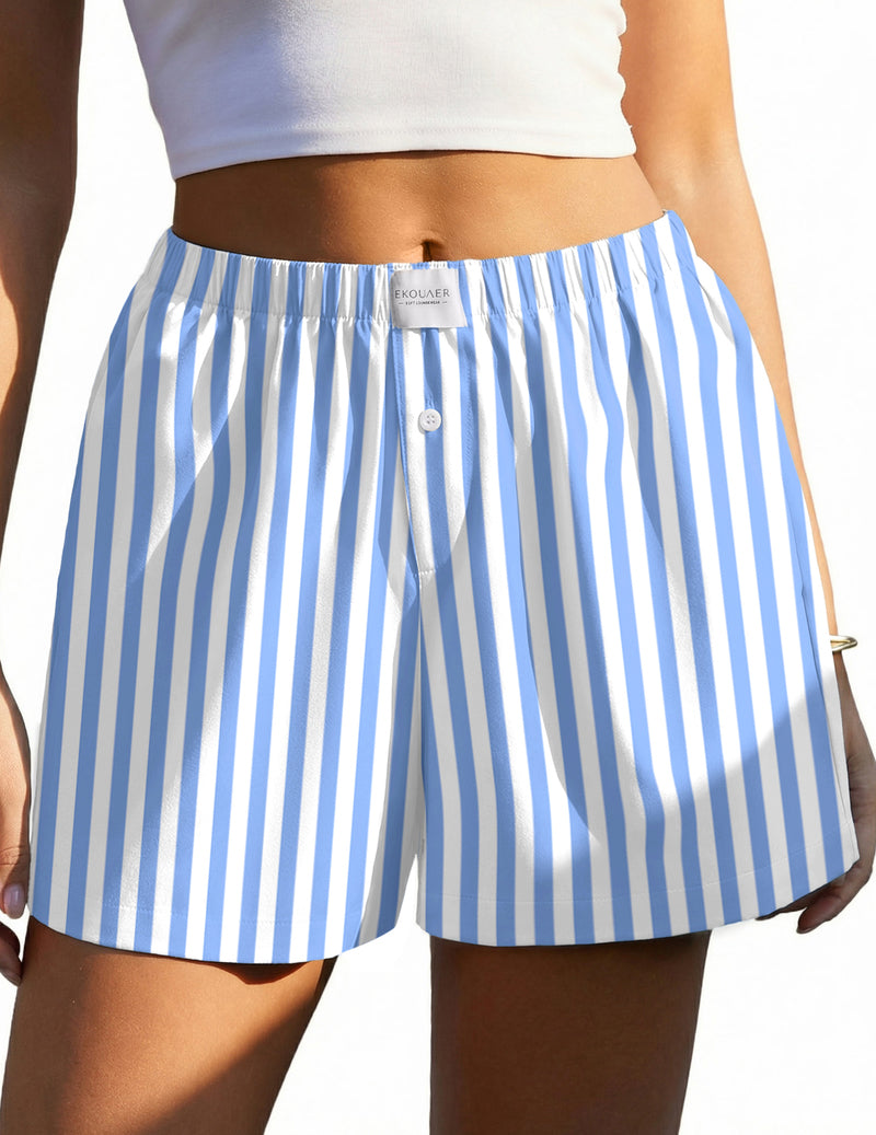 Ekouaer boxer sleep shorts in blue and white vertical stripes with drawstring