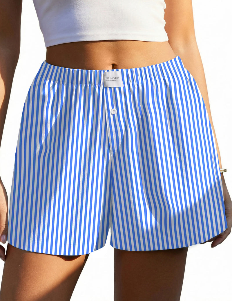 Ekouaer boxer sleep shorts in bright blue and white vertical stripes