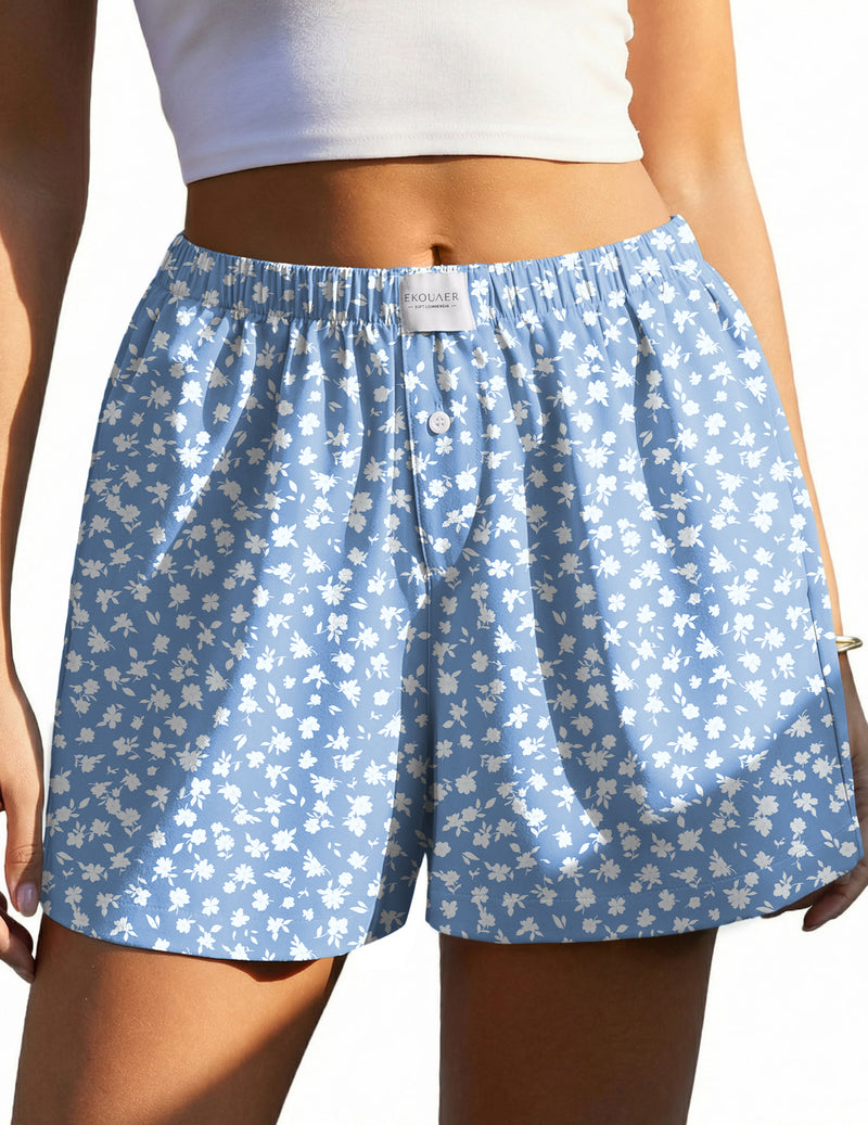 Ekouaer boxer sleep shorts in light blue with small white floral print