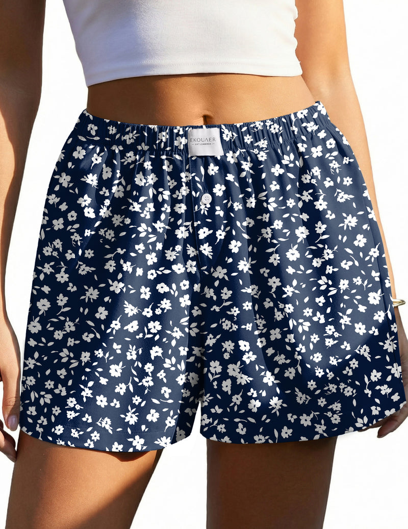 Ekouaer boxer sleep shorts in navy blue with white floral print