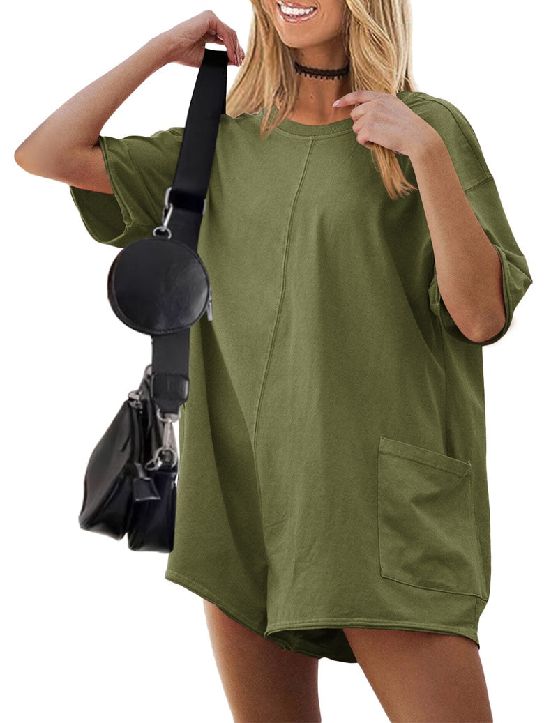 Olive green reversible oversized romper with short sleeves and front patch pocket