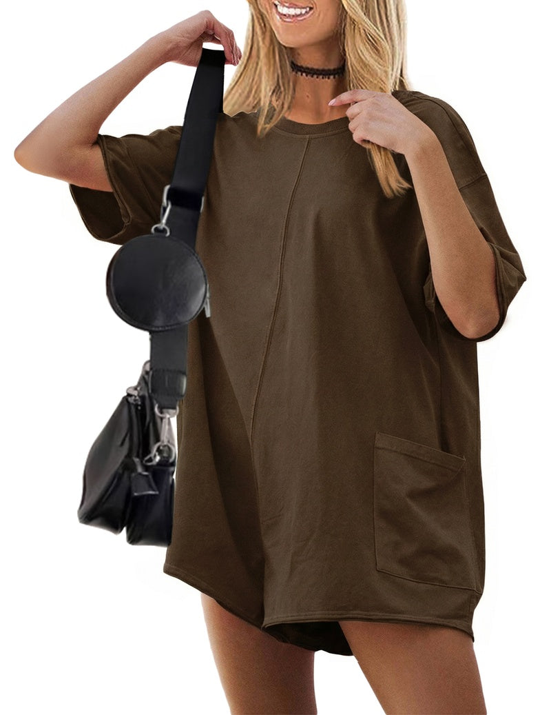 Brown reversible oversized romper with short sleeves and front patch pocket