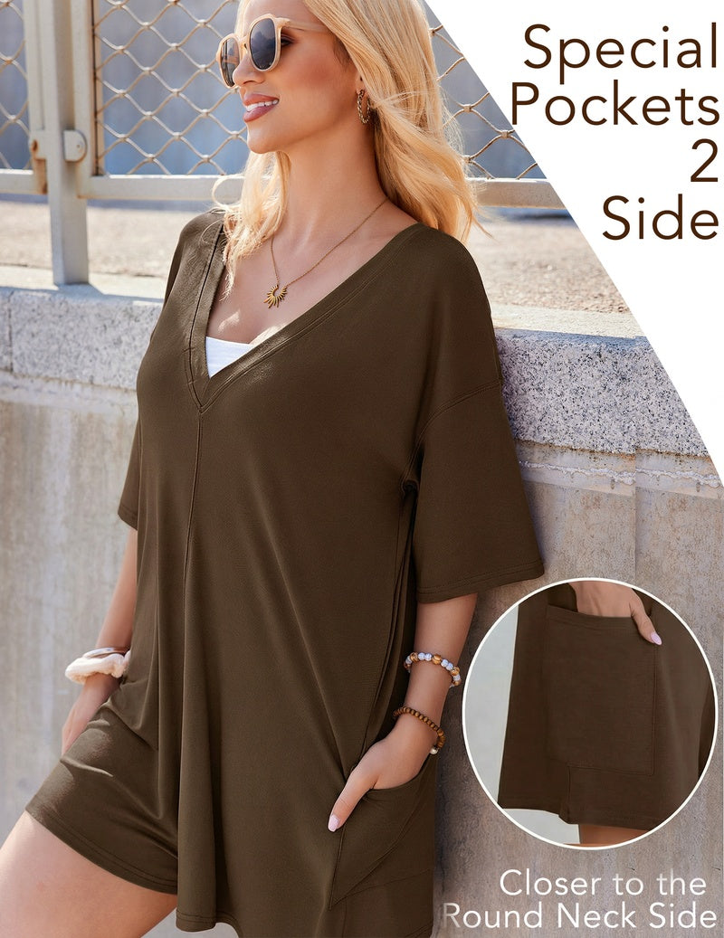 Olive reversible oversized romper with short sleeves and side pocket detail