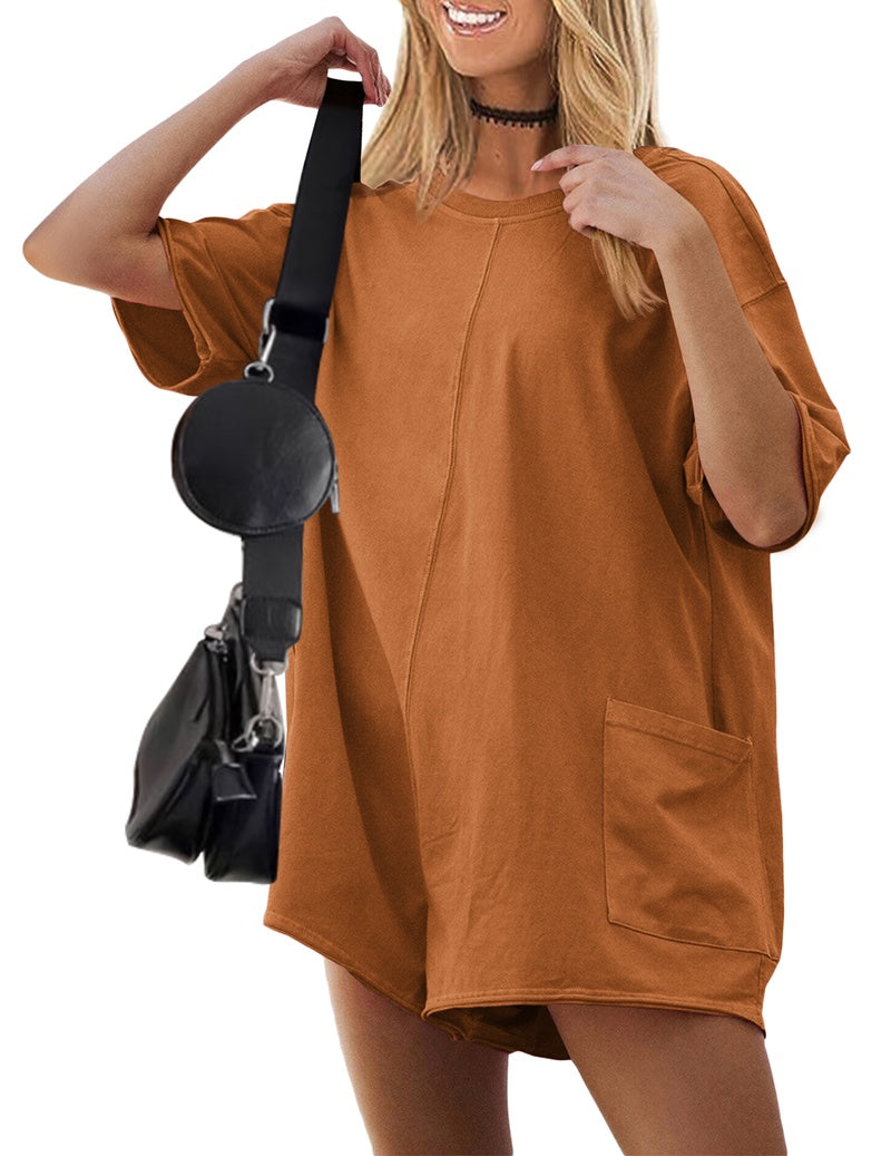 Caramel brown reversible oversized romper with short sleeves and front patch pocket