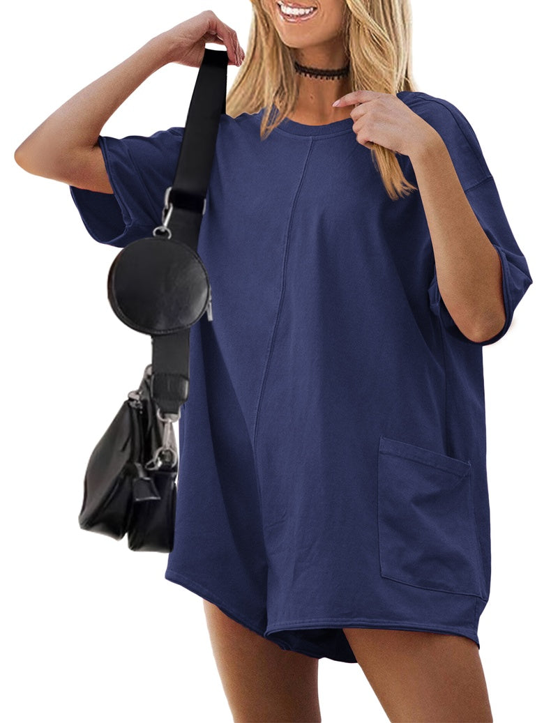 Navy oversized V-neck romper with short sleeves and front pocket