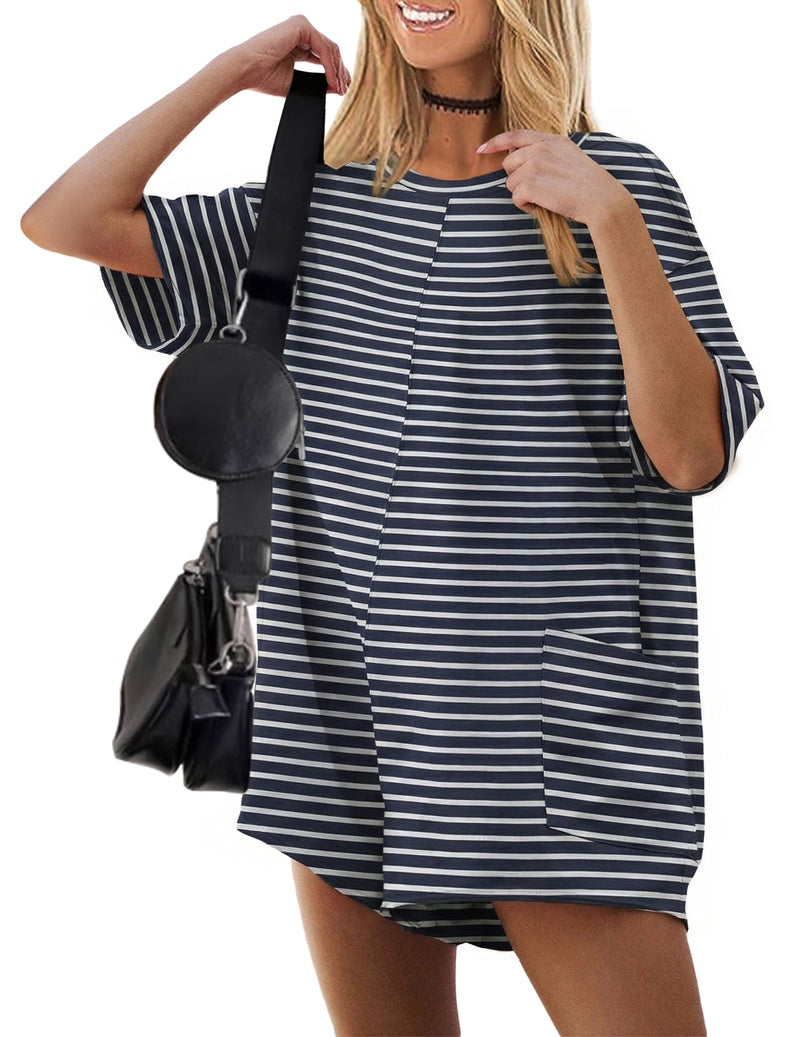 Navy-and-white striped V-neck romper with short sleeves and front pocket