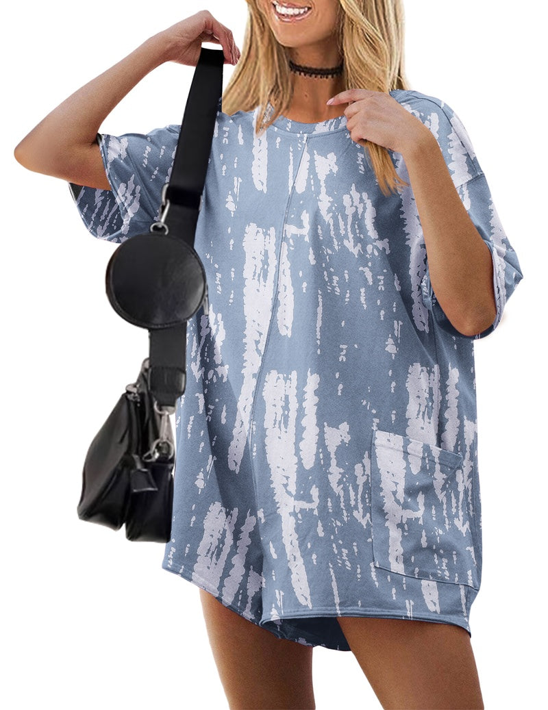 Blue tie-dye oversized romper with short sleeves, round neck, loose fit