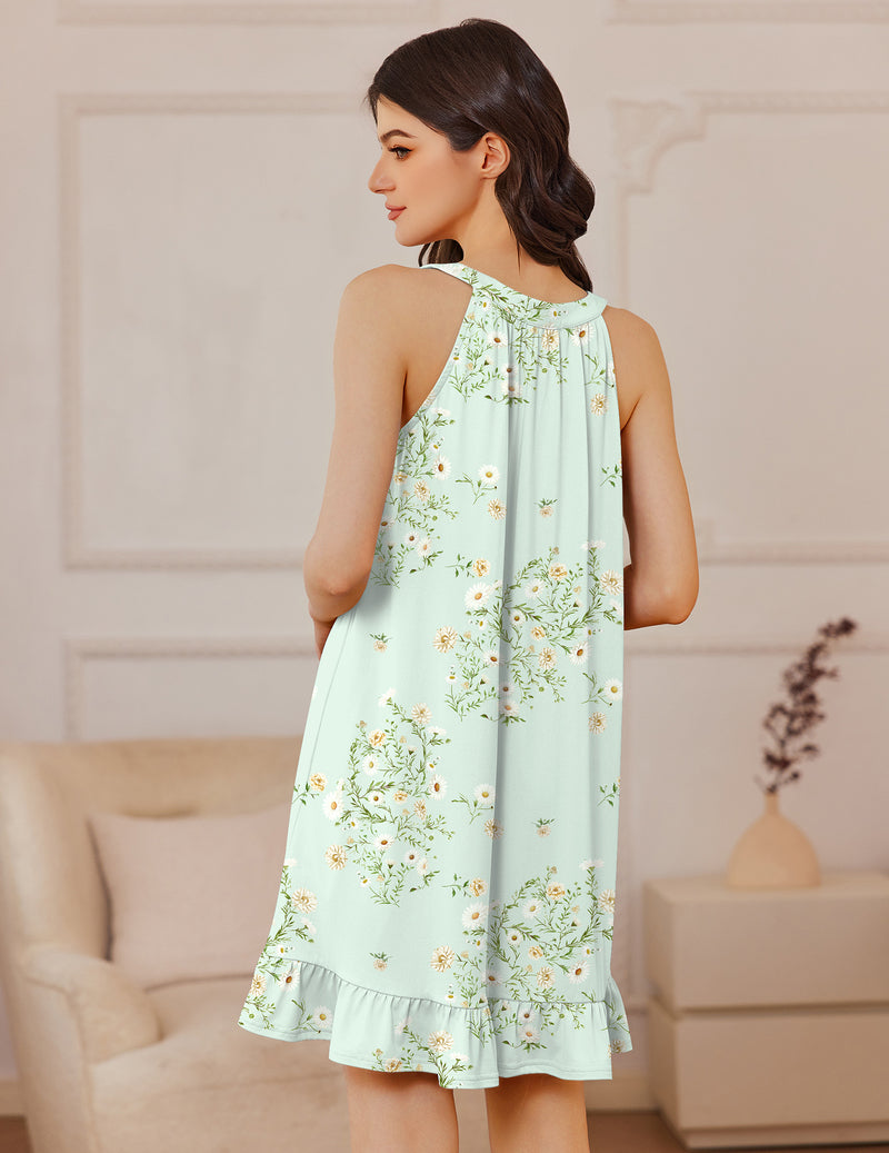 Sleeveless V-neck sleep dress in mint green with floral print and ruffled hem
