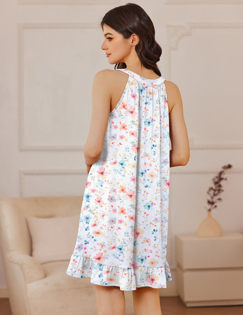 Sleeveless V-neck chemise sleep dress, floral print, back view