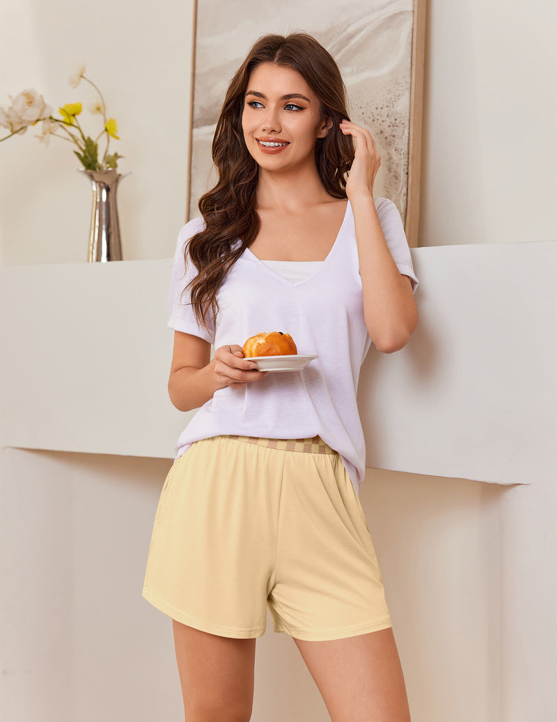 2-pack elastic-waist pajama shorts, light yellow with check waistband