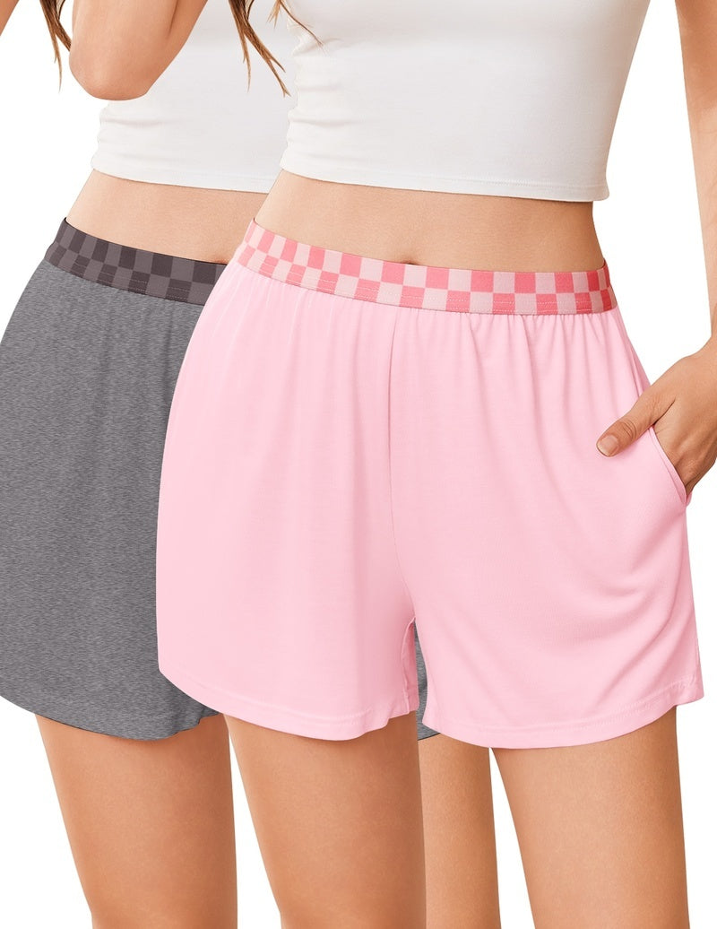 2-pack elastic-waist pajama shorts, pink with check waistband
