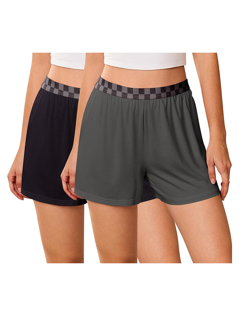 Bamboo viscose pajama shorts set, black and dark gray with elastic waist checker band