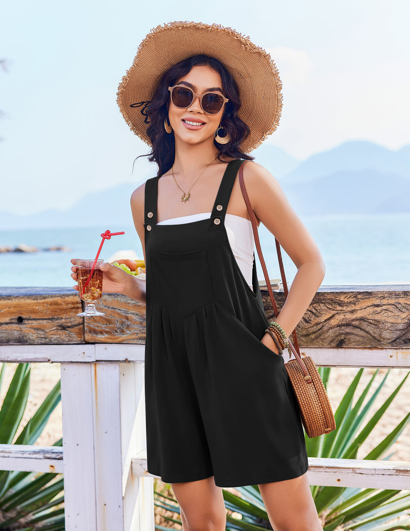 Sleeveless short overalls romper, black with wide straps and gathered front