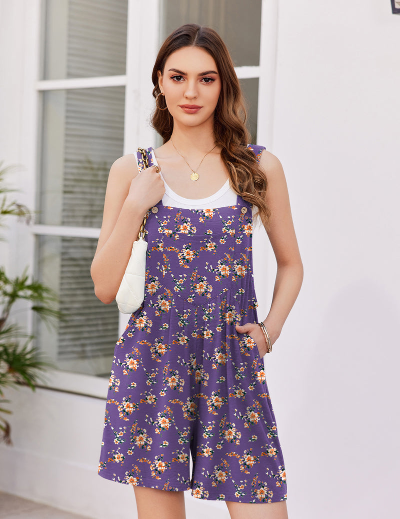 Sleeveless short overalls romper, purple floral print with button straps and bib front