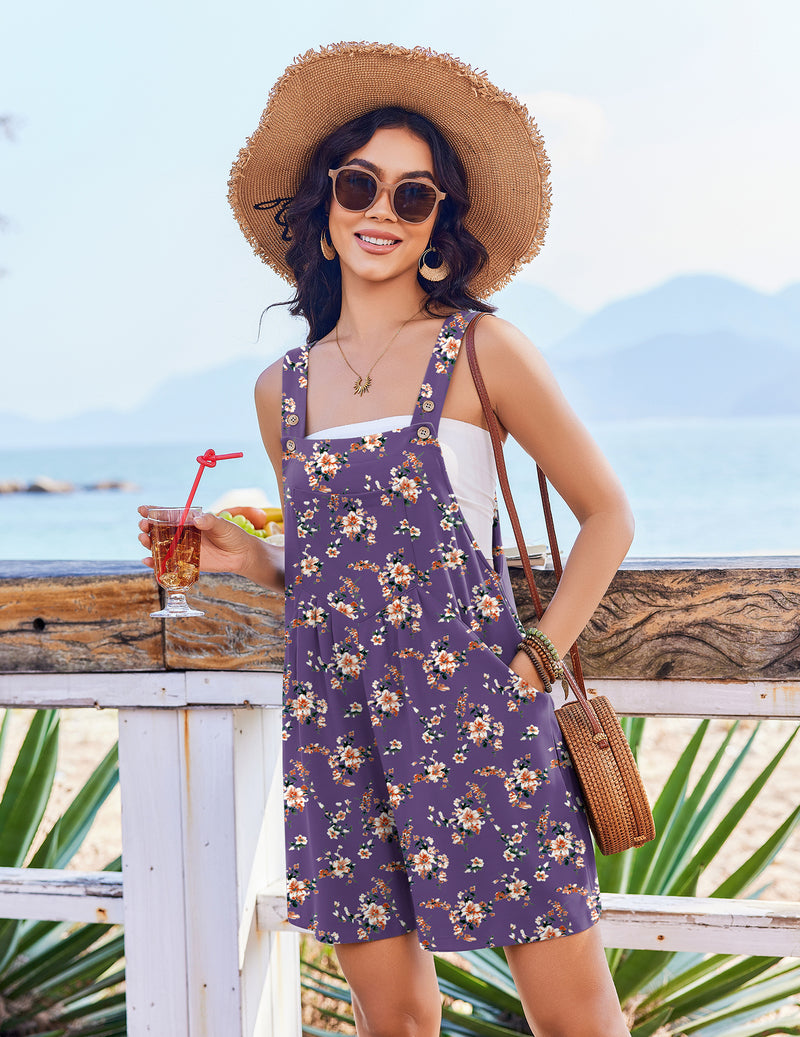 Sleeveless short overalls romper, purple floral print with button straps and chest pocket