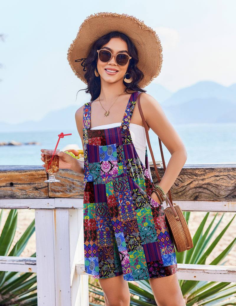 Sleeveless short overalls romper in multicolor patchwork floral, button straps, V pocket panel