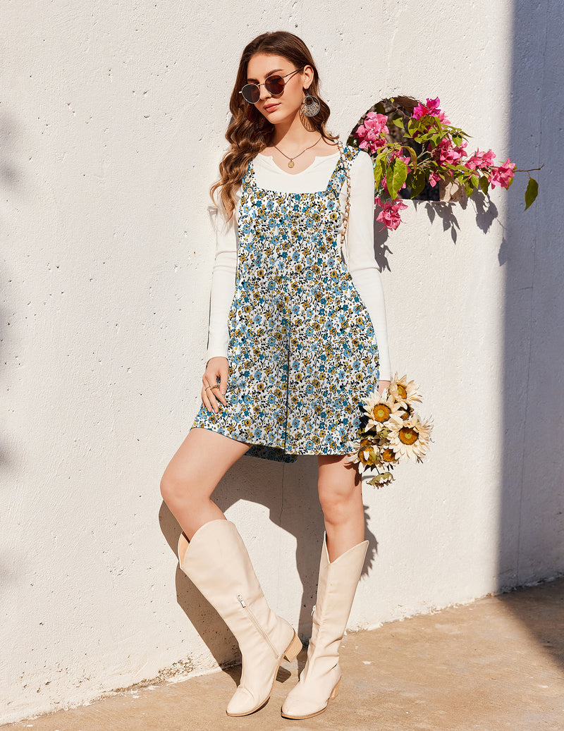 Aqua and yellow floral sleeveless short overalls romper with buttoned bib front