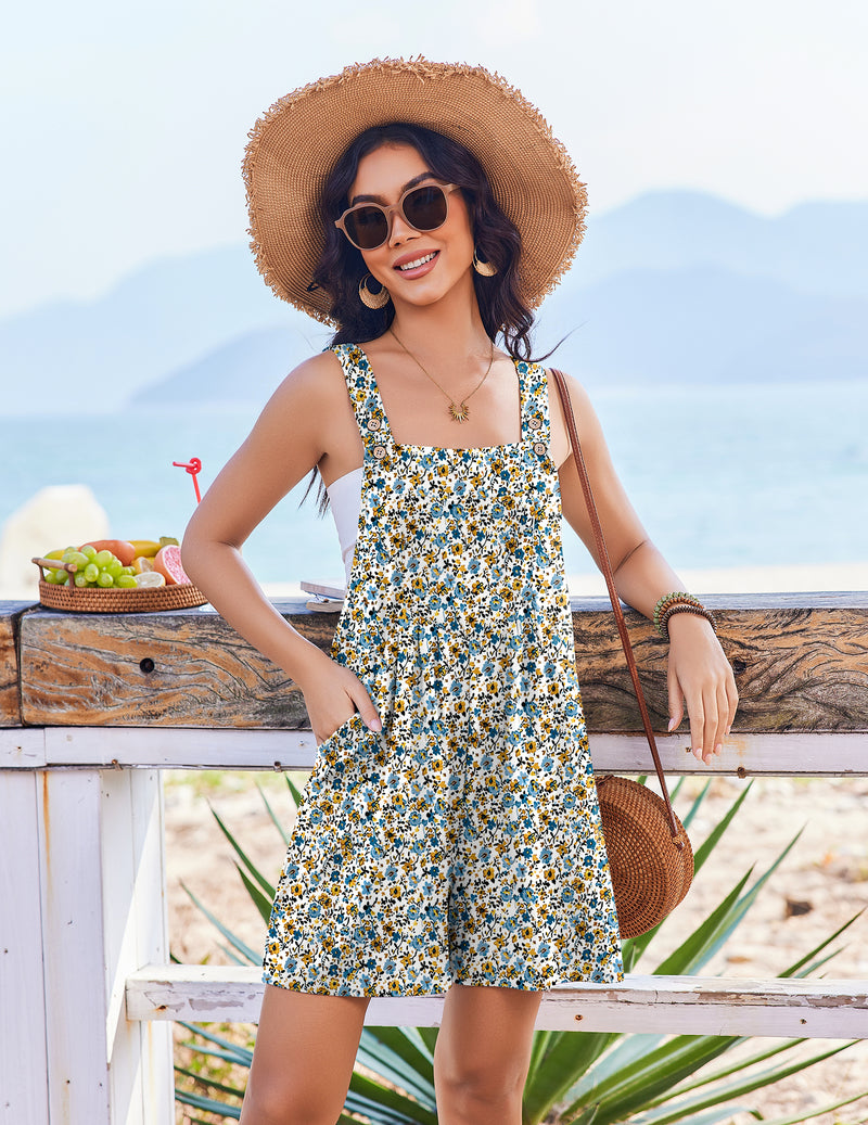 Blue floral sleeveless short overalls romper with buttoned straps and gathered skirt