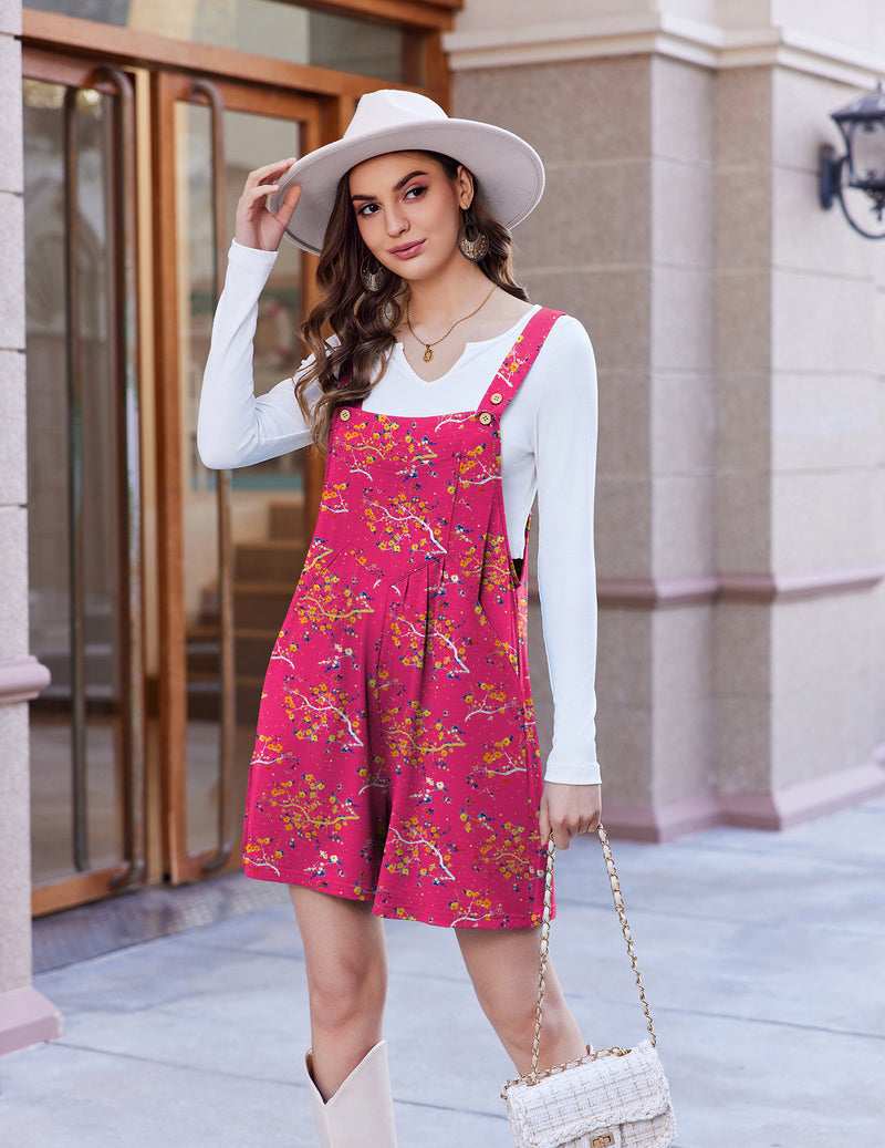 Pink floral sleeveless short overalls romper with square neckline and adjustable straps