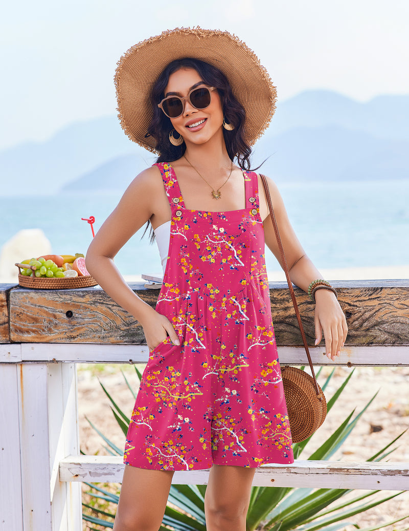Pink floral sleeveless short overalls romper with square neckline and adjustable straps