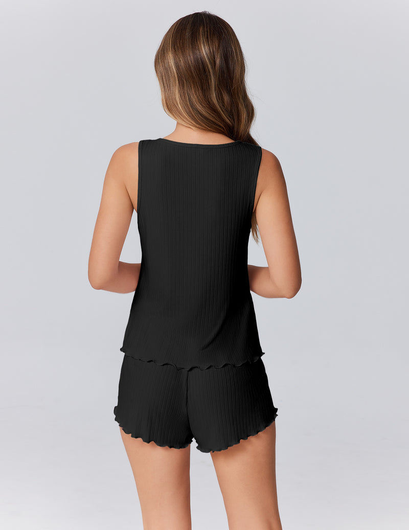 Black sleeveless pajama set from back view, ribbed tank with ruffle shorts