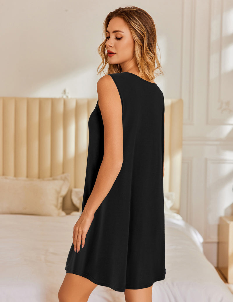 Sleeveless button-front tank nightgown, dark solid color, knee length, side view