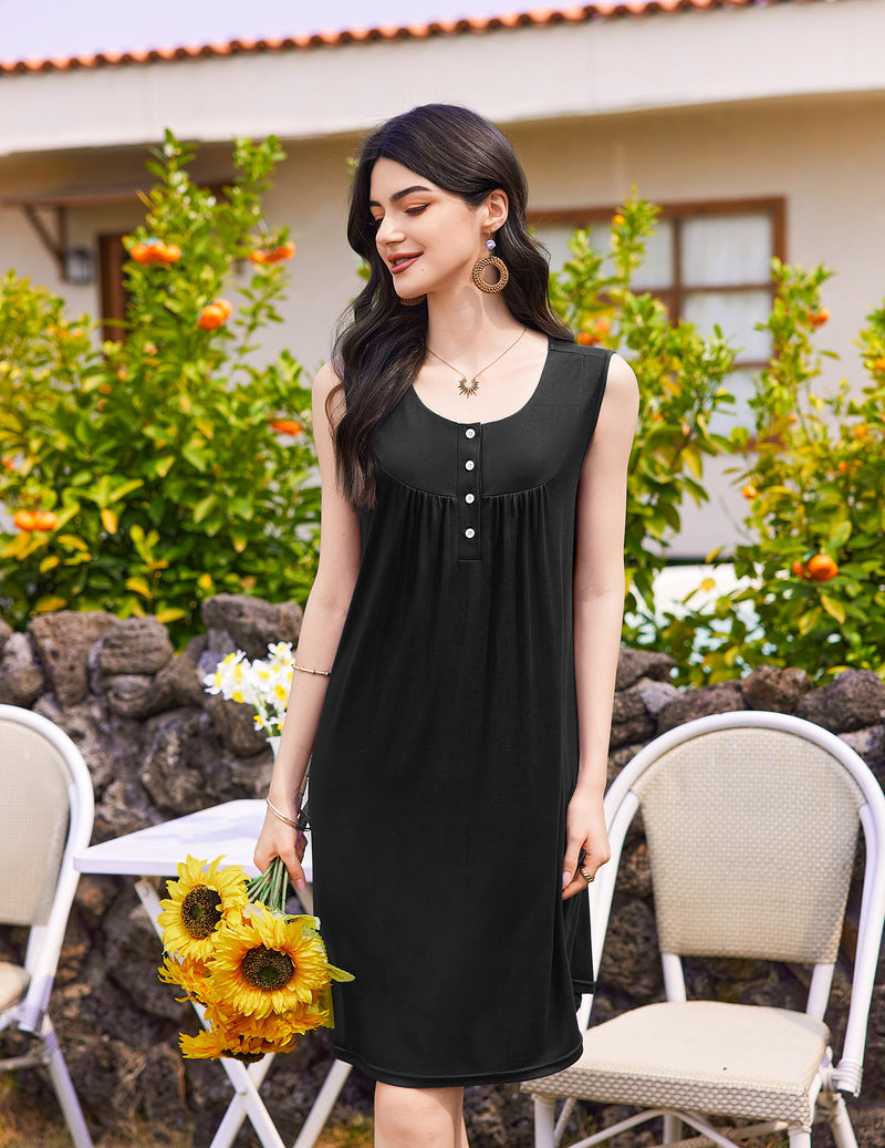 Sleeveless button-front tank nightgown in dark color with front buttons and loose fit