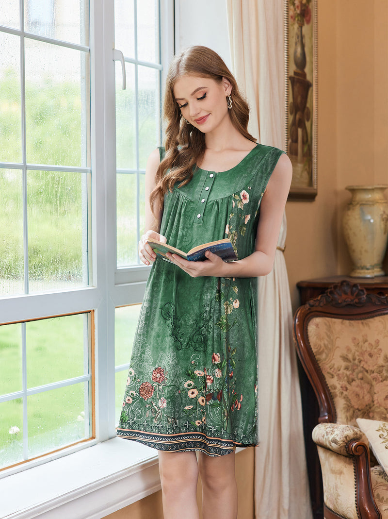 Sleeveless button-front tank nightgown in green with floral print and button placket