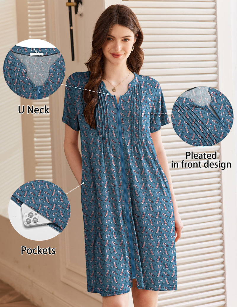 Ekouaer Short Sleeve Zip-Up Bathrobe Mumu Duster