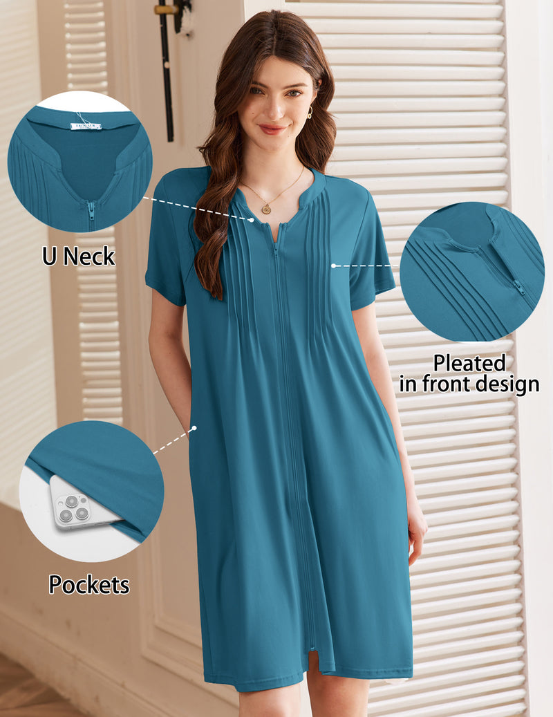 Short-sleeve zip-up bathrobe in teal with U-neck, pleated front, and pockets