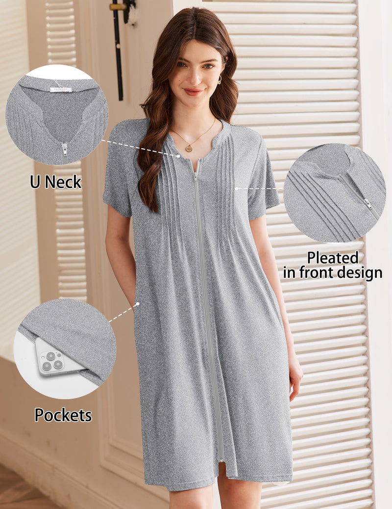 Short-sleeve zip-up bathrobe in light gray with U-neck, pleated front, and pockets