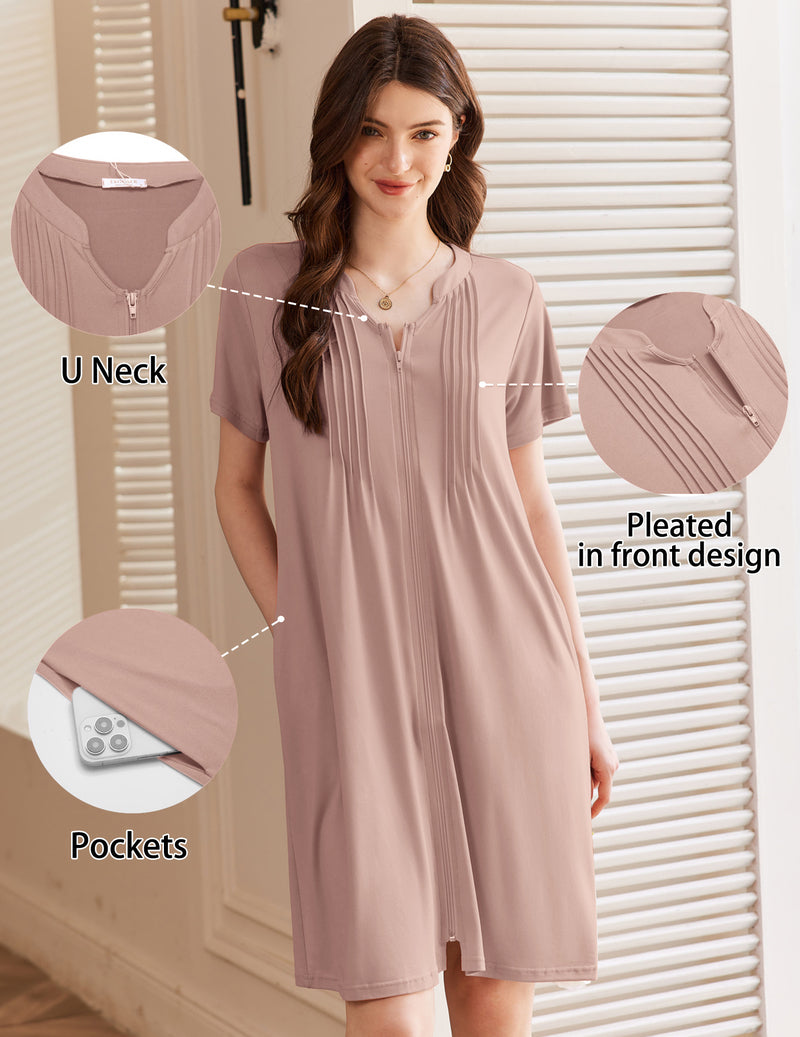 Short-sleeve zip-up bathrobe in misty rose with U-neck, pleated front, and pockets