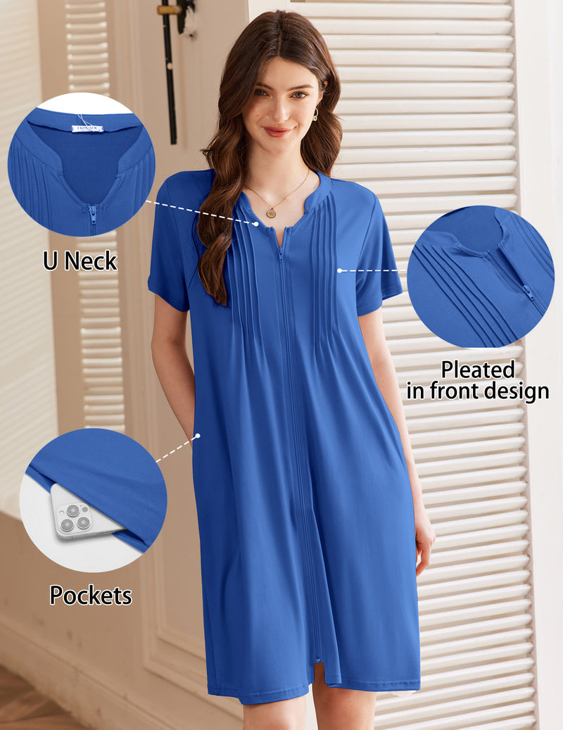 Short-sleeve zip-up bathrobe in royal blue with U-neck, pleated front, and pockets