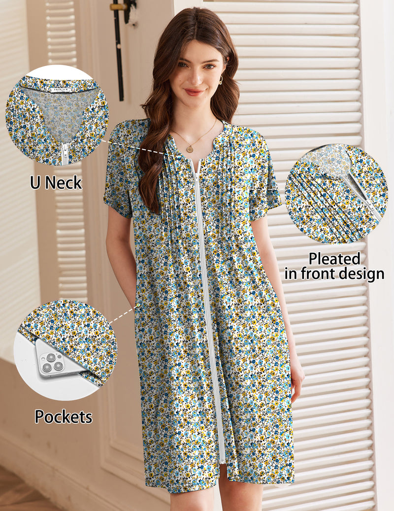 Teal floral short-sleeve zip-up bathrobe with U-neck, pleated front, side pockets