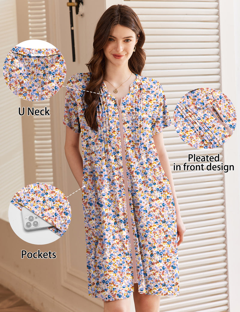 Purple-blue floral short-sleeve zip-up bathrobe with U-neck, pleated front, side pockets