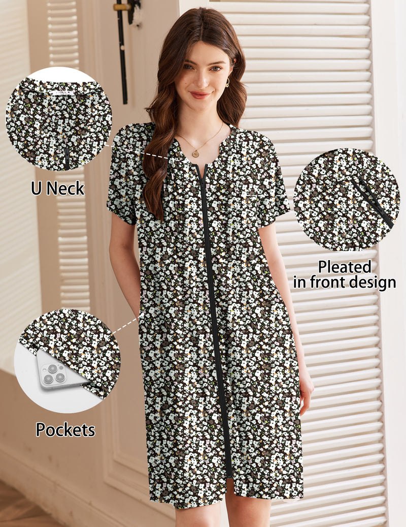 Black floral short-sleeve zip-up bathrobe with U-neck, pleated front, side pockets