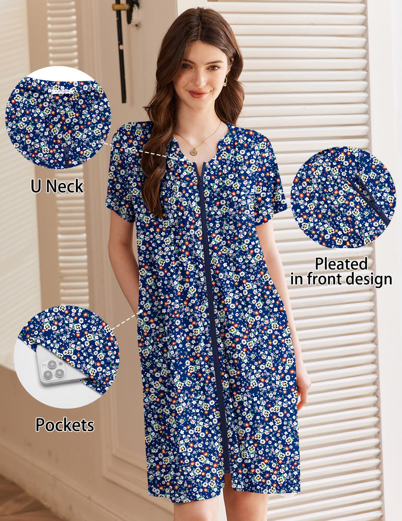 Blue floral short-sleeve zip-up bathrobe with U-neck, pleated front, side pockets