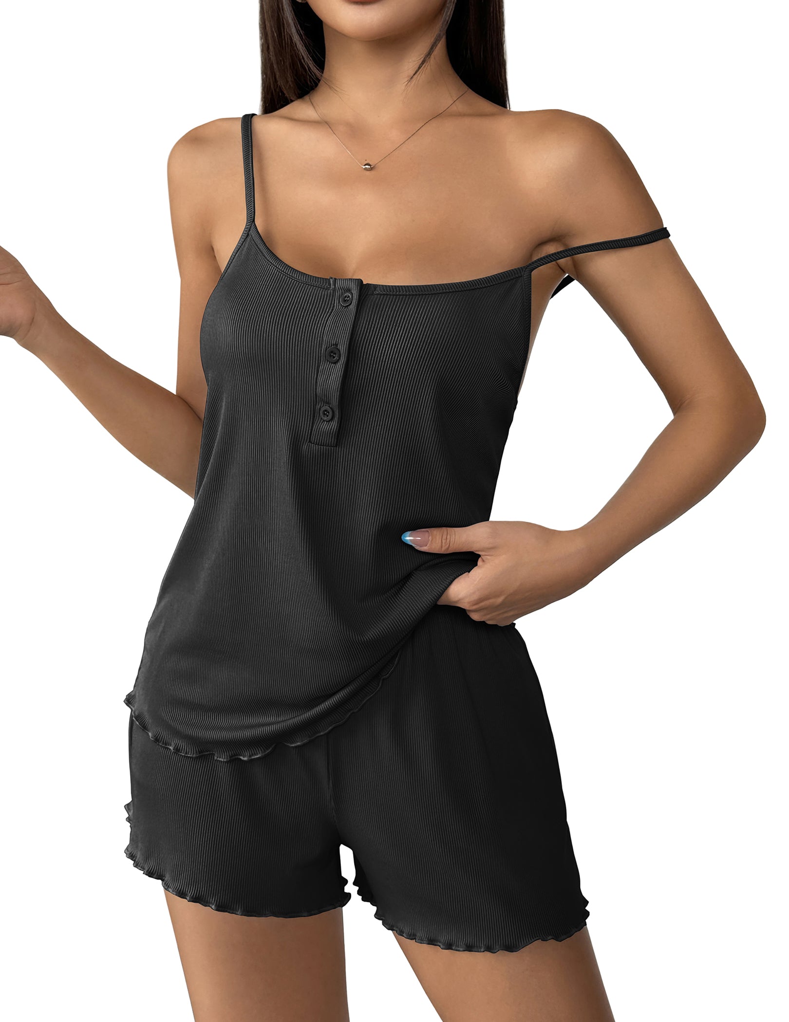 Ekouaer Ribbed Knit Cami Pajama Set Lingerie-Style Shorts Sleepwear