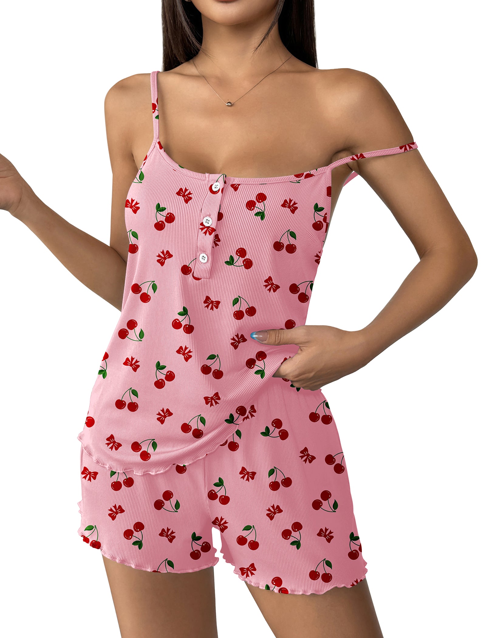 Ekouaer Ribbed Knit Cami Pajama Set Lingerie-Style Shorts Sleepwear