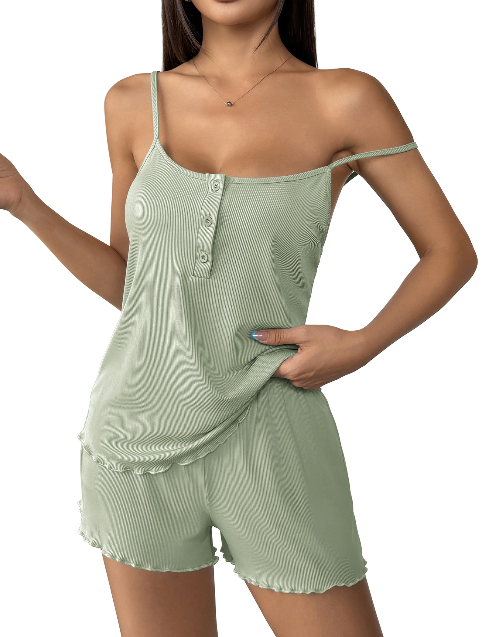 Ekouaer Ribbed Knit Cami Pajama Set Lingerie-Style Shorts Sleepwear