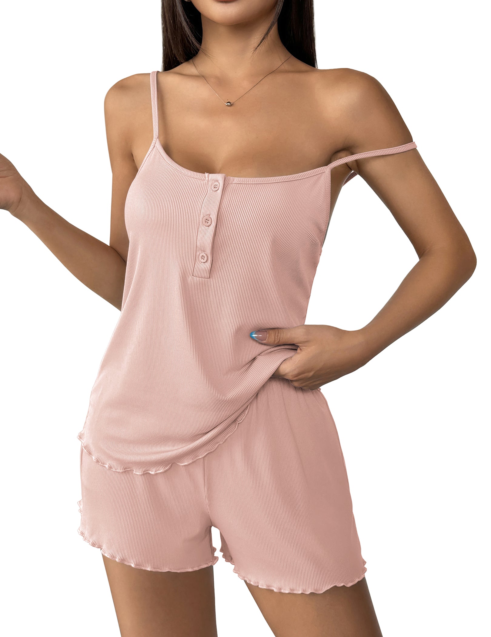 Ekouaer Ribbed Knit Cami Pajama Set Lingerie-Style Shorts Sleepwear