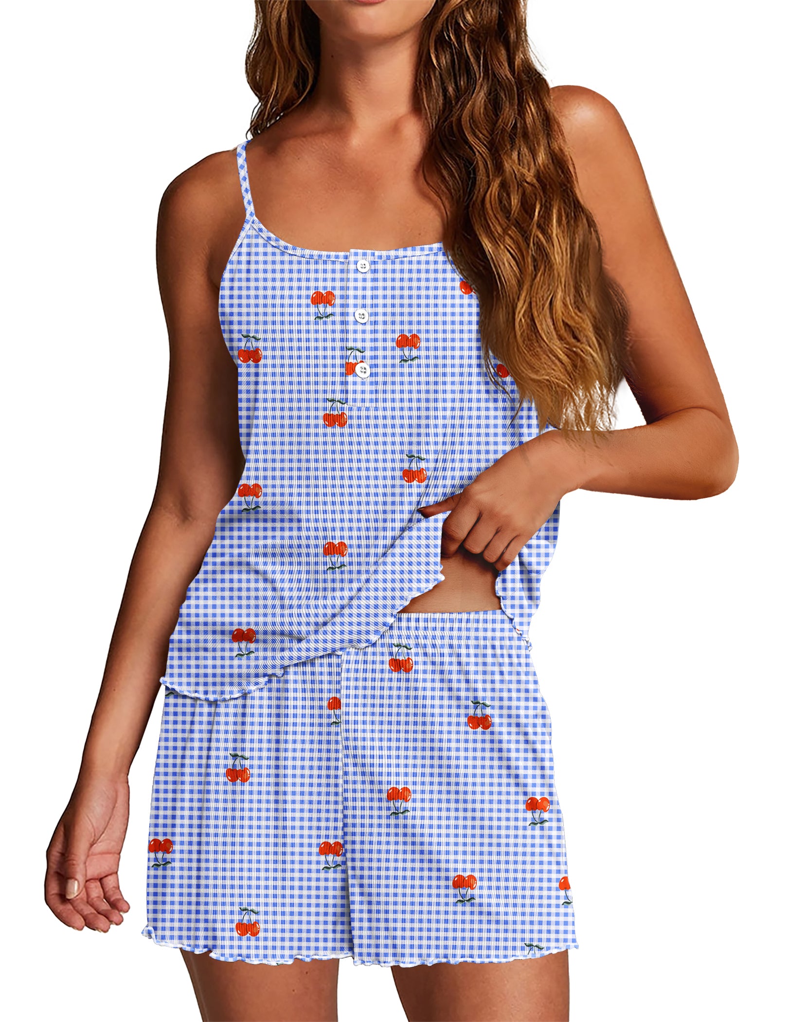 Ekouaer Ribbed Knit Cami Pajama Set Lingerie-Style Shorts Sleepwear