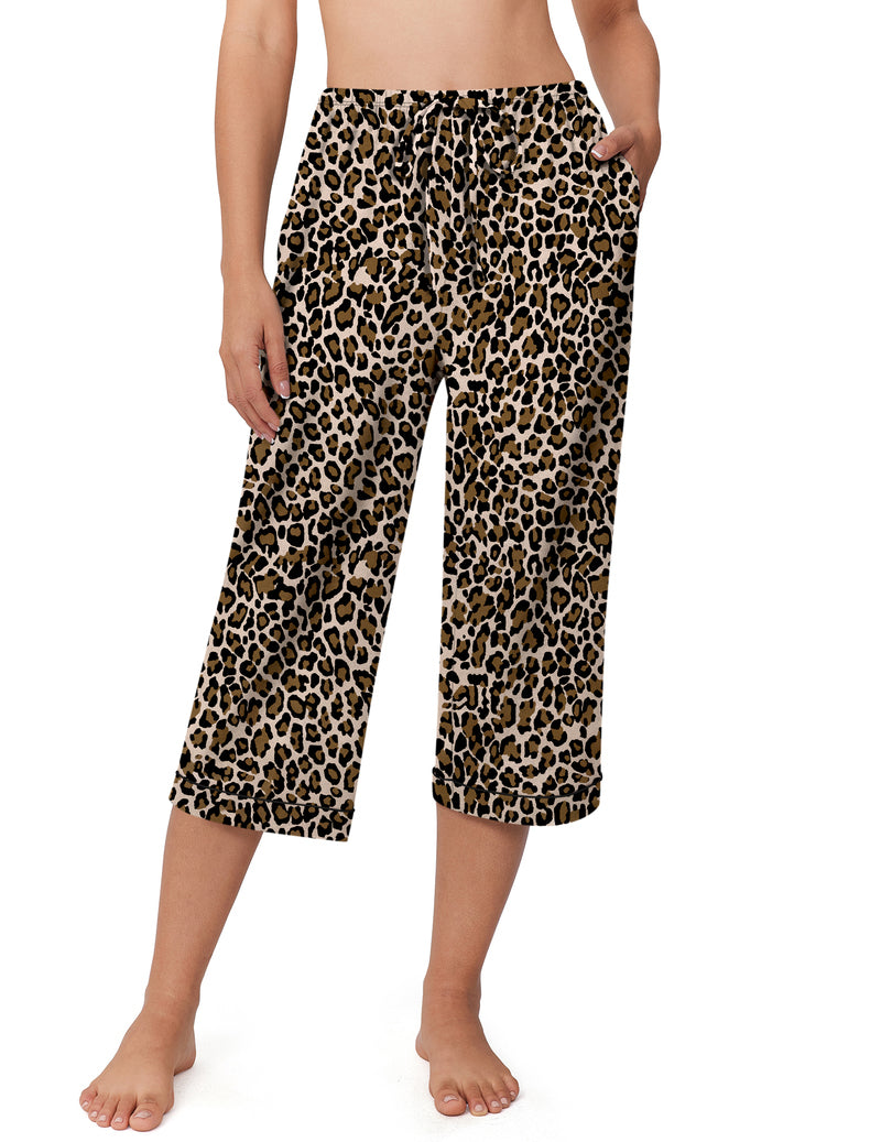 Leopard-print capri pajama pants with drawstring waistband and wide leg fit