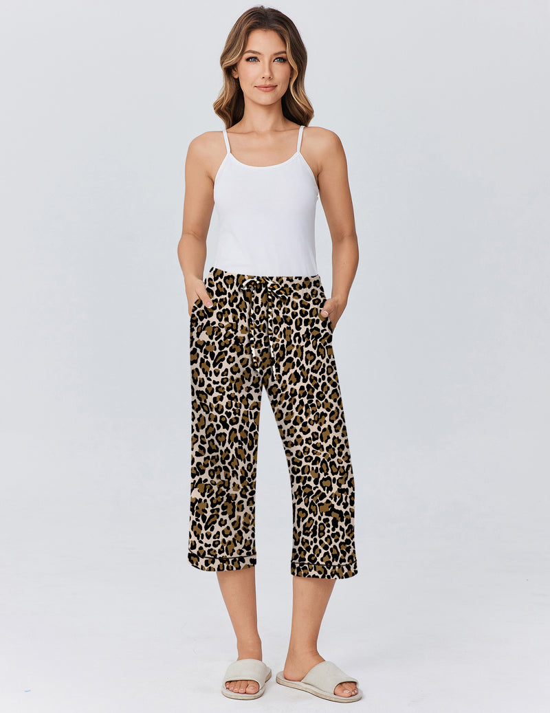 Leopard-print capri pajama pants with drawstring waistband, straight wide legs