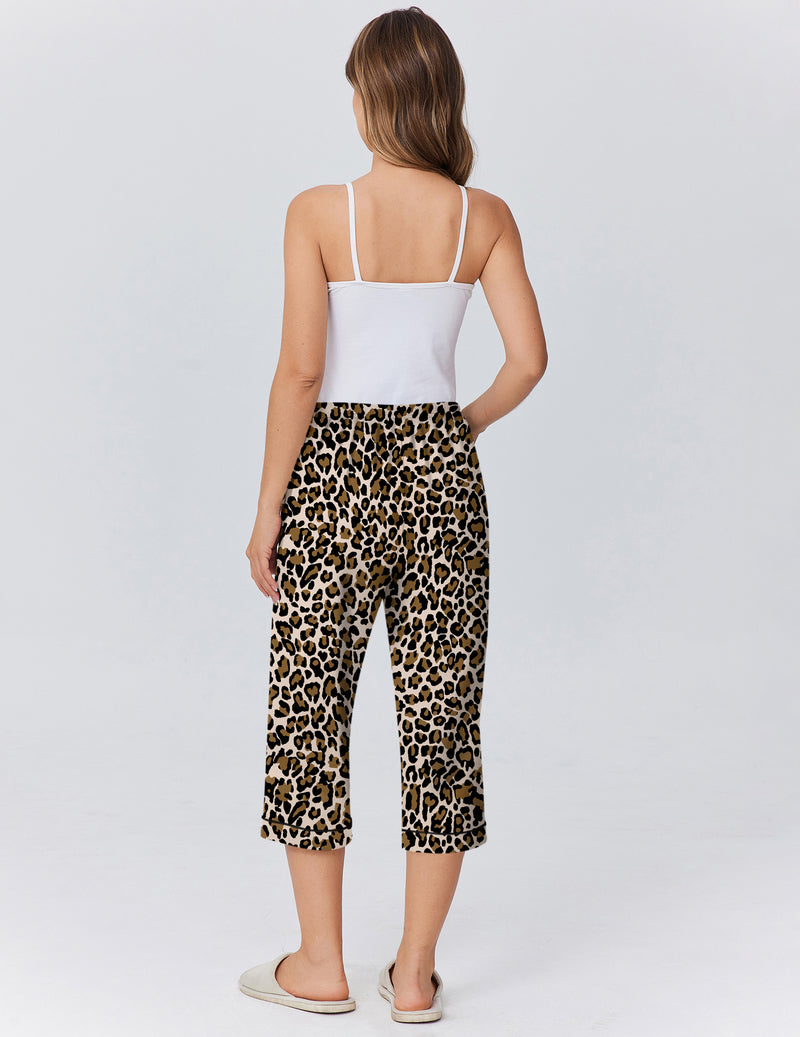 Leopard-print capri pajama pants with drawstring waistband, back view