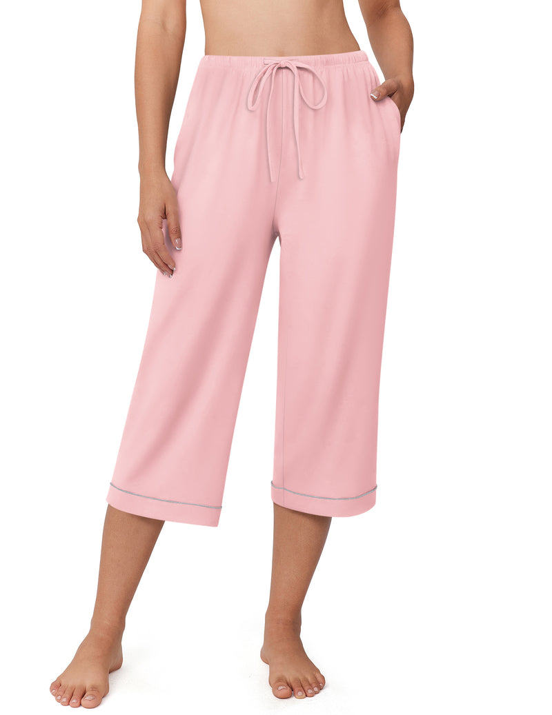 Blush pink capri pajama pants with drawstring waistband and cuffed hem