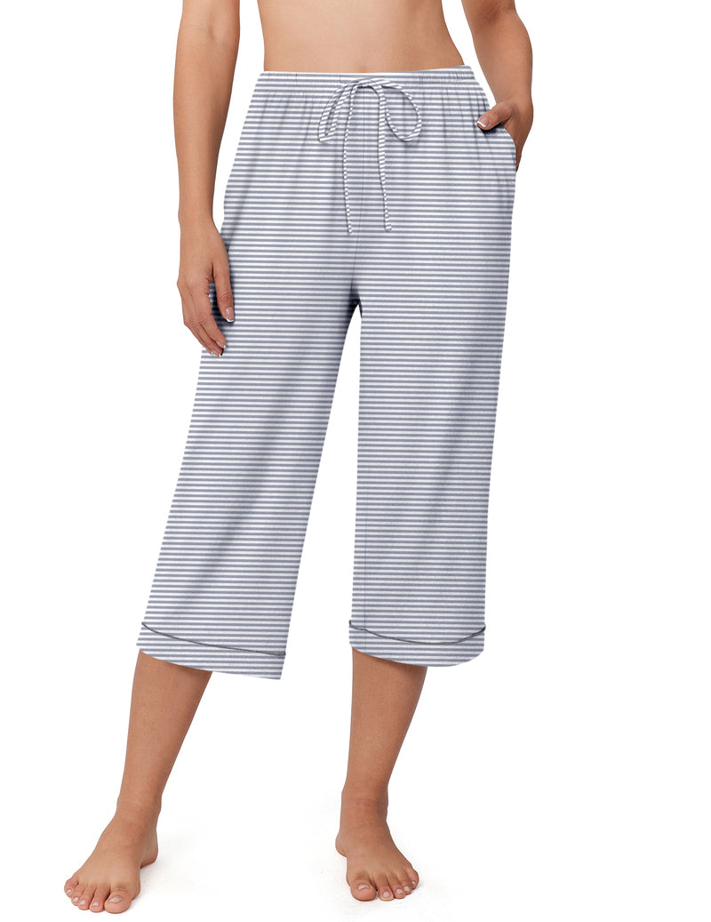 Blue-and-white striped capri pajama pants with drawstring waistband